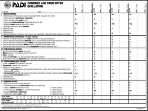 PADI CW/OW Instructor Evaluation slate